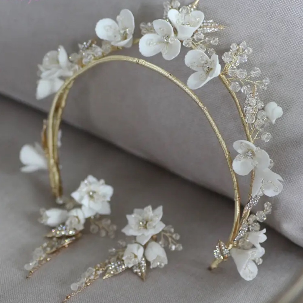 Porcelain Flower Wedding Crown Hair Bridal Jewelry Hair Handmade Tiara